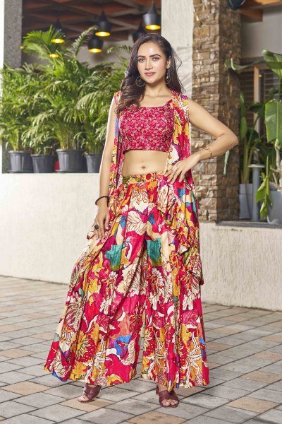 PRINTED ETHNIC CROP TOP WITH PLAZZO AND SHRUG CO-ORD SET