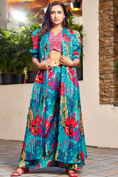 PRINTED ETHNIC CROP TOP WITH PLAZZO AND SHRUG CO-ORD SET