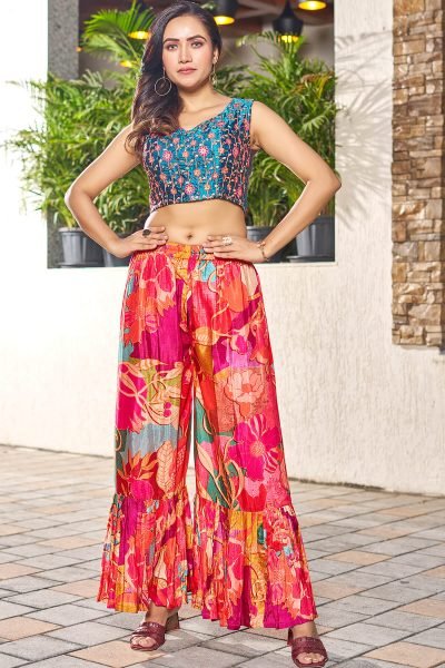 PRINTED ETHNIC CROP TOP WITH PLAZZO AND SHRUG CO-ORD SET