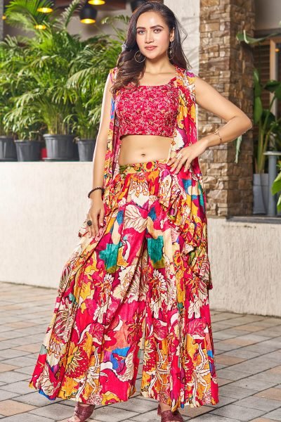 PRINTED ETHNIC CROP TOP WITH PLAZZO AND SHRUG CO-ORD SET