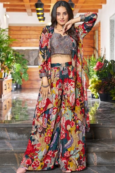 PRINTED ETHNIC CROP TOP WITH PLAZZO AND SHRUG CO-ORD SET