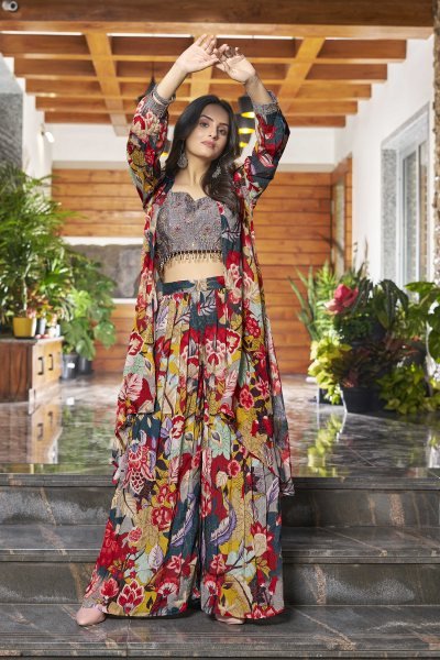 PRINTED ETHNIC CROP TOP WITH PLAZZO AND SHRUG CO-ORD SET