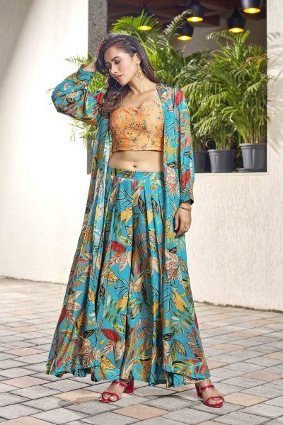 PRINTED ETHNIC CROP TOP WITH PLAZZO AND SHRUG CO-ORD SET