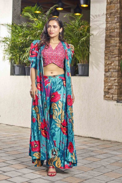 PRINTED ETHNIC CROP TOP WITH PLAZZO AND SHRUG CO-ORD SET