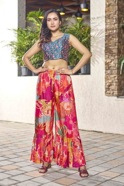 PRINTED ETHNIC CROP TOP WITH PLAZZO AND SHRUG CO-ORD SET