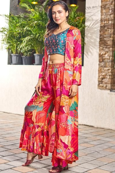 PRINTED ETHNIC CROP TOP WITH PLAZZO AND SHRUG CO-ORD SET