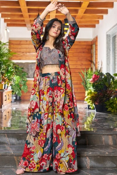 PRINTED ETHNIC CROP TOP WITH PLAZZO AND SHRUG CO-ORD SET