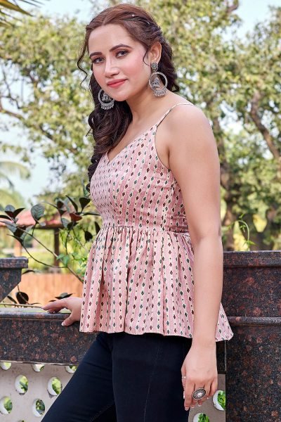 Printed Shoulder Straps Peplum Top Tunic