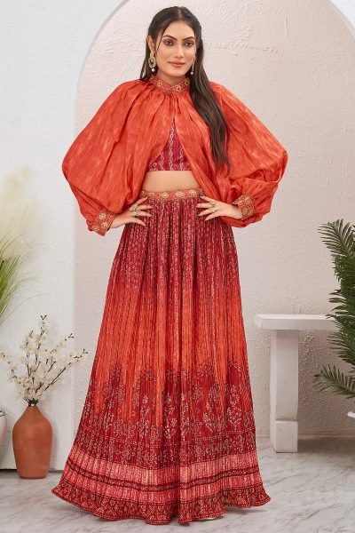 RED INDOWESTERN LEHENGA SET 