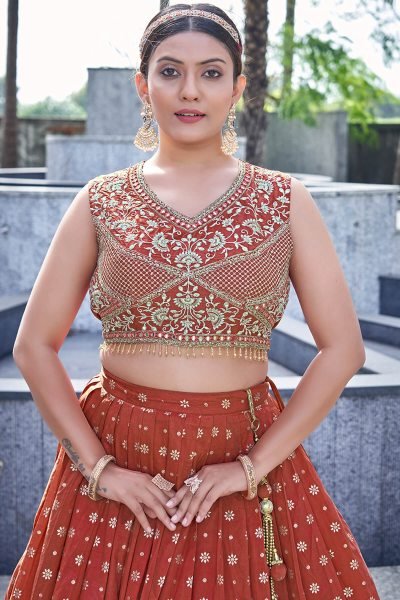 RUST JACQUARD LEHENGA CHOLI SIDERS LEHENGA