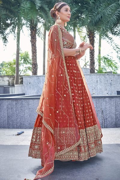 RUST JACQUARD LEHENGA CHOLI SIDERS LEHENGA