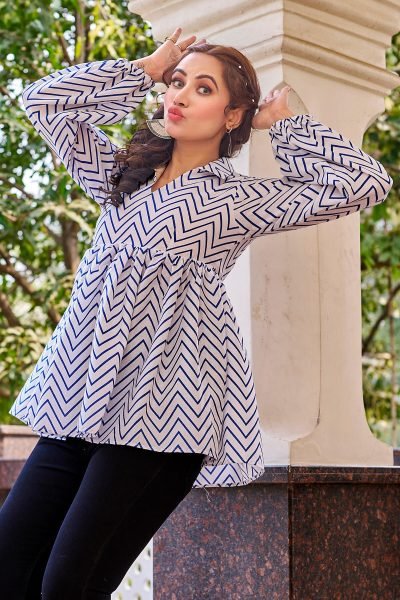 Shirt Collar Printed Cotton Top Top