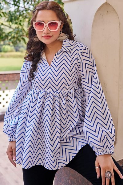 Shirt Collar Printed Cotton Top Top