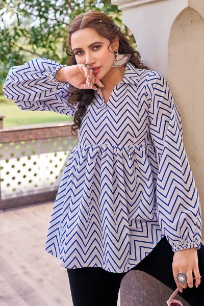 Shirt Collar Printed Cotton Top Top