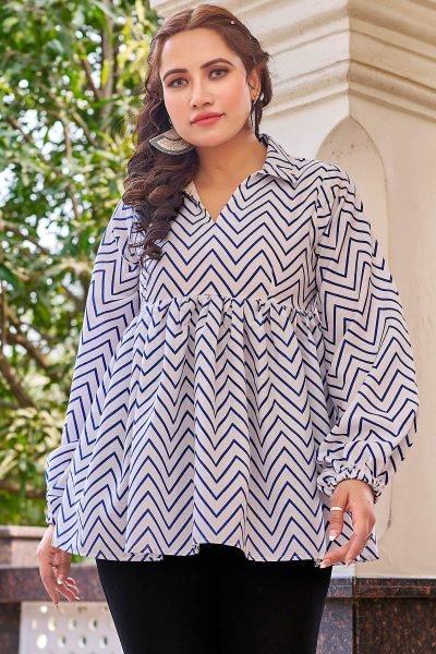 Shirt Collar Printed Cotton Top Top