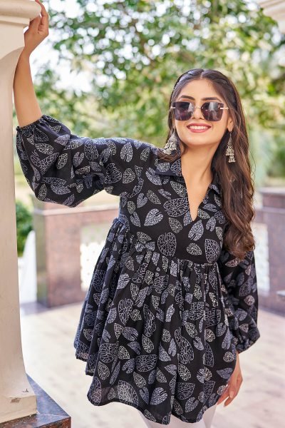 Tropical Print Puff Sleeve Tropical Cotton Top Top