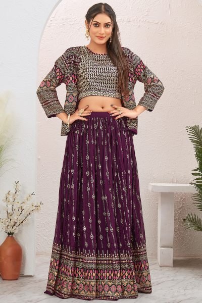 WINE LEHENGA CHOLI WITH JACKET INDO-WESTERN