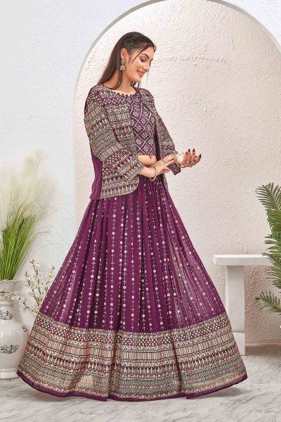 WINE LEHENGA CHOLI WITH JACKET INDO-WESTERN LEHENGA