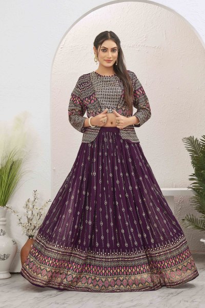 WINE LEHENGA CHOLI WITH JACKET INDO-WESTERN LEHENGA