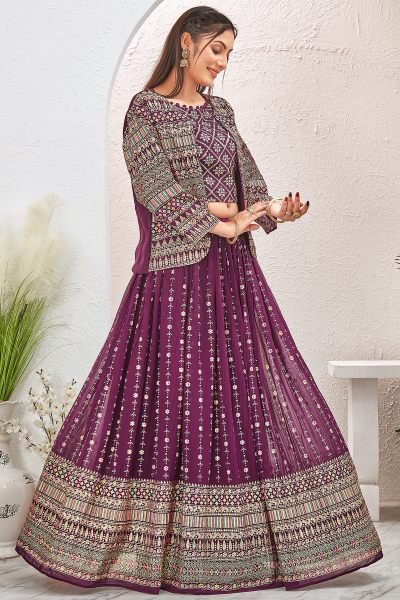 WINE LEHENGA CHOLI WITH JACKET INDO-WESTERN LEHENGA