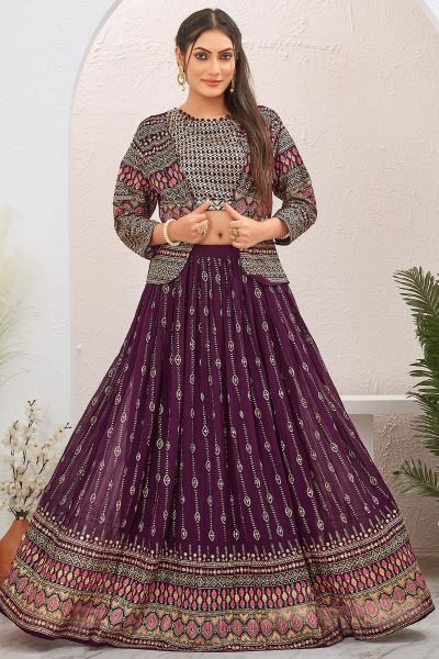 WINE LEHENGA CHOLI WITH JACKET INDO-WESTERN LEHENGA