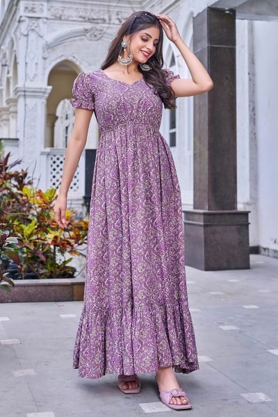 Women Cotton Floral Printed Maxi Dress DRESSES