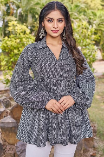 Women Cotton Shirt Collar Printed Top Top