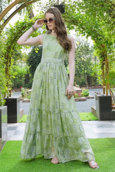 Women Floral Print Tiered Maxi Dress GIRLISH LEHENGA