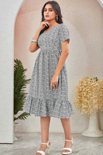 Women Printed V Neck Fit   Flare Dress DRESSES