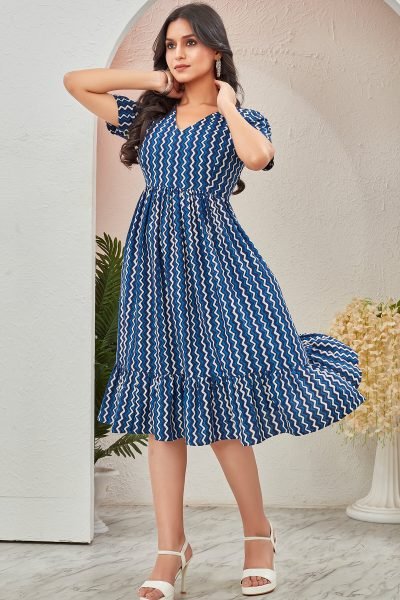 Women Printed V Neck Fit   Flare Dress DRESSES