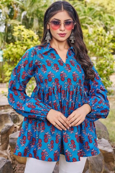 Women Shirt Collar Floral Printed Cotton Top Top
