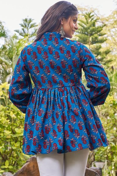 Women Shirt Collar Floral Printed Cotton Top Top