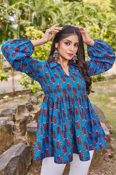 Women Shirt Collar Floral Printed Cotton Top Top