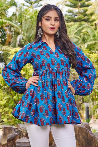 Women Shirt Collar Floral Printed Cotton Top Top