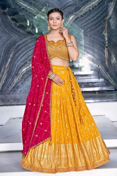 YELLOW VISCOSE JACQUARD LEHNGA CHOLI HALDI LEHENGA