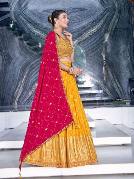 YELLOW VISCOSE JACQUARD LEHNGA CHOLI HALDI LEHENGA