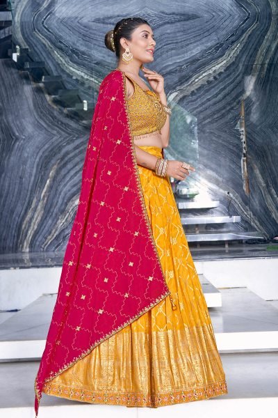 YELLOW VISCOSE JACQUARD LEHNGA CHOLI HALDI LEHENGA