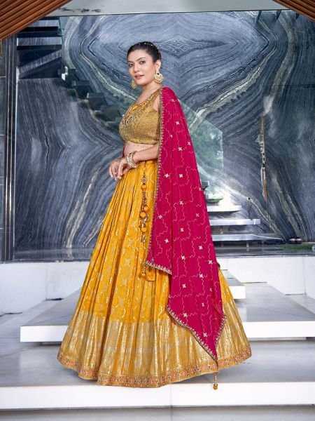 YELLOW VISCOSE JACQUARD LEHNGA CHOLI HALDI LEHENGA