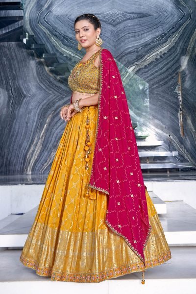 YELLOW VISCOSE JACQUARD LEHNGA CHOLI HALDI LEHENGA