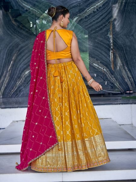 YELLOW VISCOSE JACQUARD LEHNGA CHOLI HALDI LEHENGA