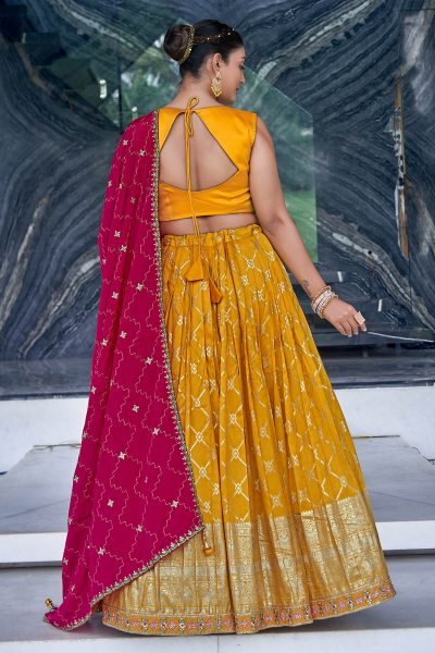 YELLOW VISCOSE JACQUARD LEHNGA CHOLI HALDI LEHENGA